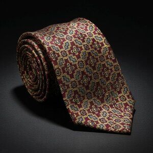 Polo Ralph Lauren Silk Tie Deep Red Gold Navy Geometric Floral Motif Hand Made